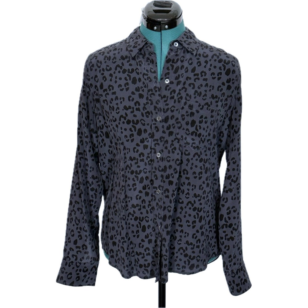Rails Kate Silk Button Down Shirt Small Onyx Cheetah Gray Black Leopard Print